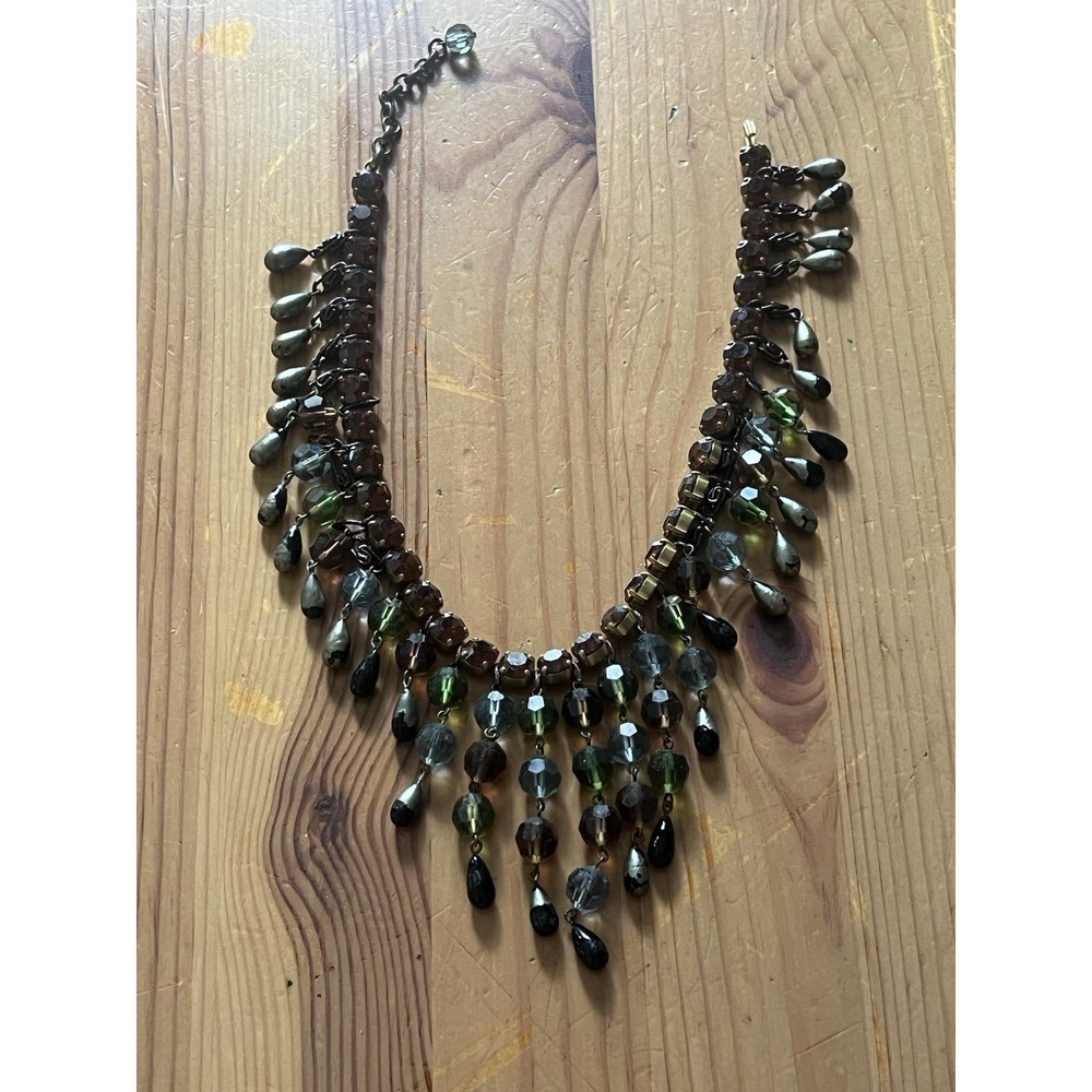 Vintage Beaded Bib Statement Necklace Green Brown Black Adjustable Fringe Boho